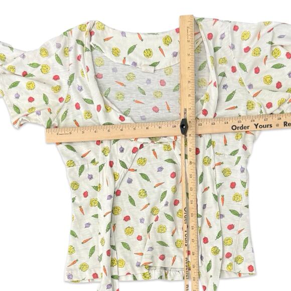 Vintage Tie Front Ivory Vegetable Print Carrot Tomato Peas Lettuce Tee size S - Picture 9 of 10